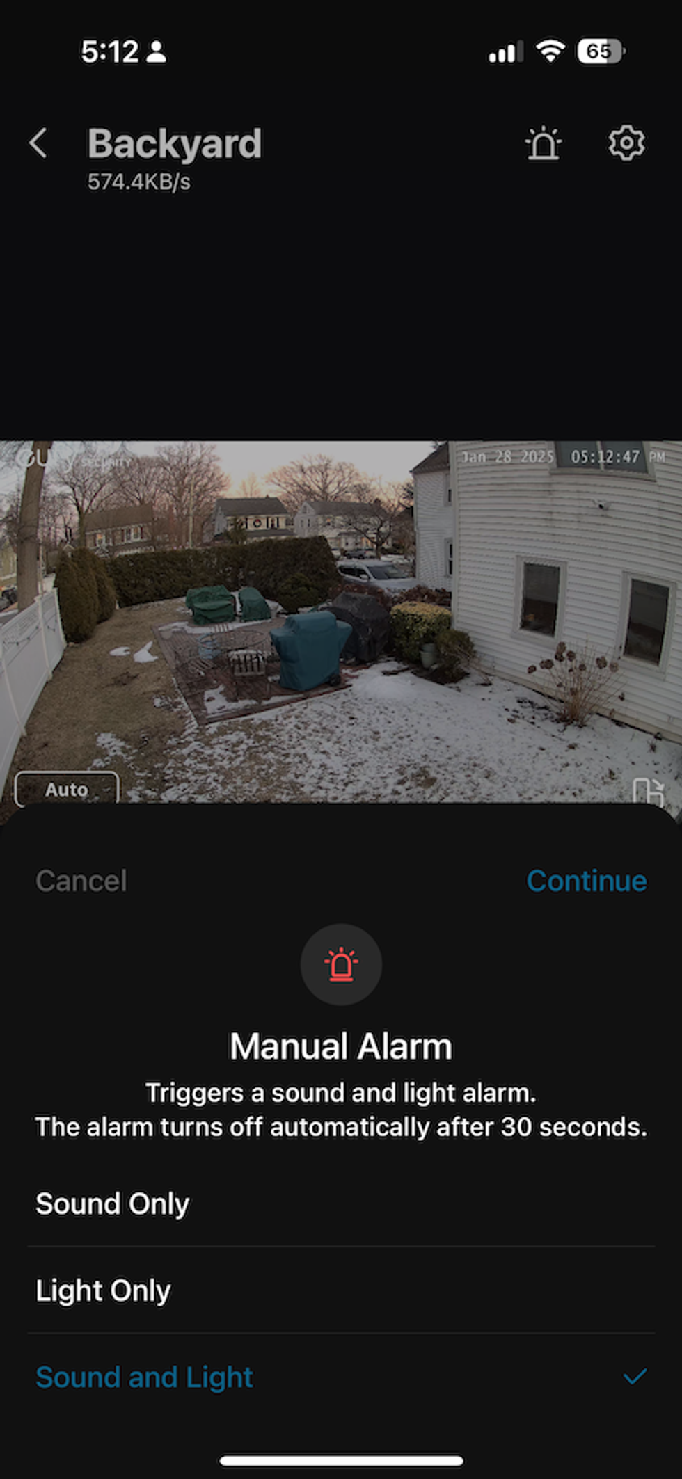 screenshot from eufy app on setting camera alarm