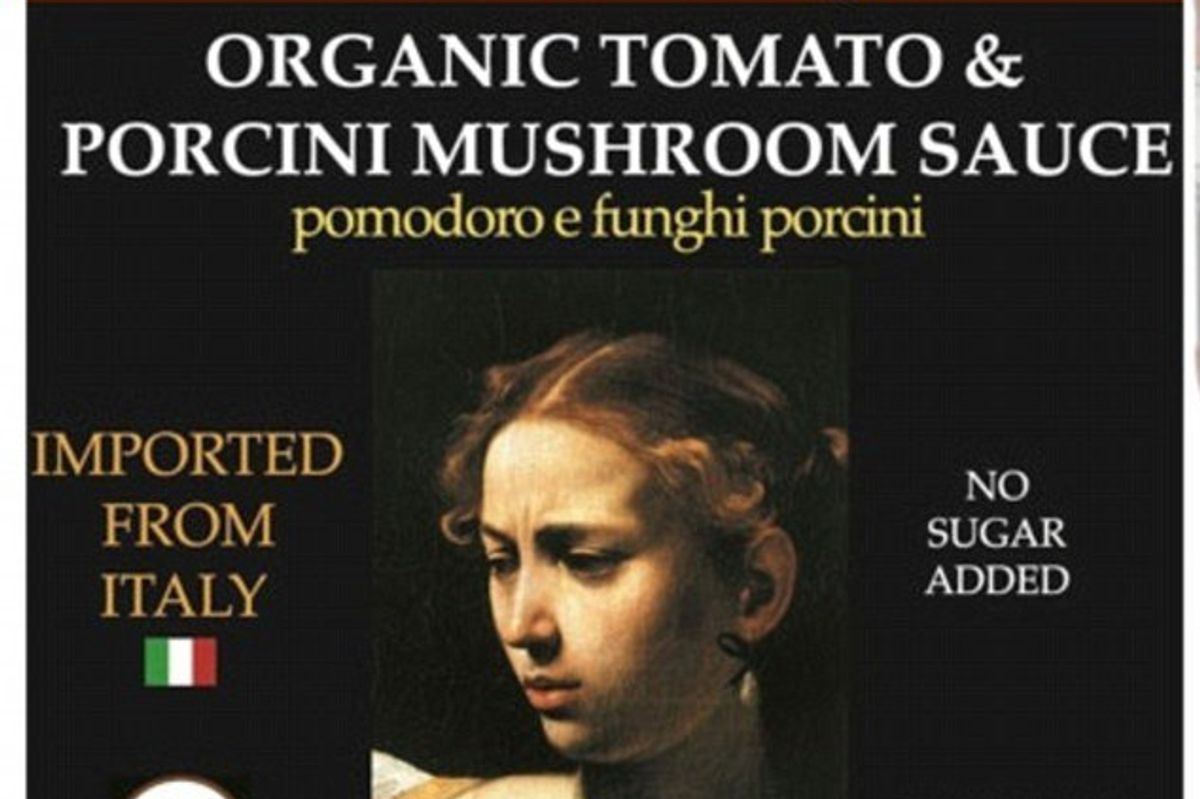 Pasta sauce label from Italy featuring painted womam