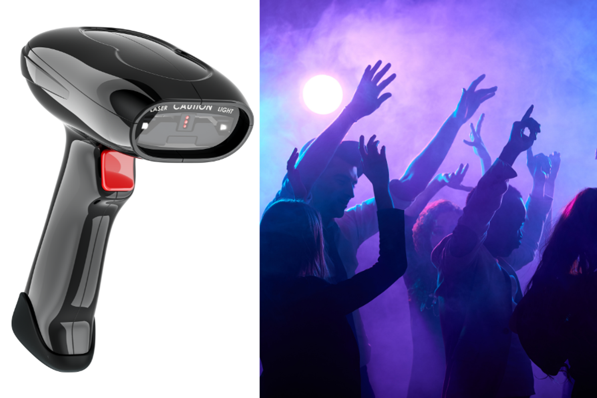 A barcode scanner and a group of people dancing