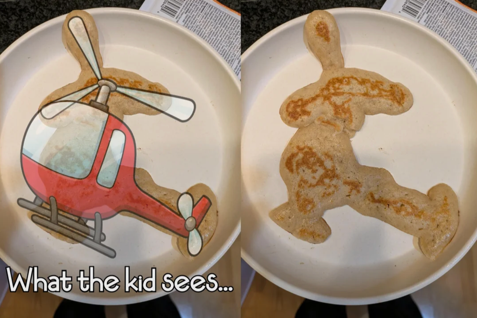 A comparison between a cartoon helicopter and a pancake shaped like one.