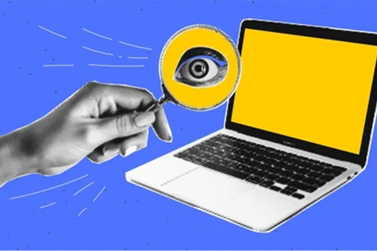 a photo of a laptop and a hand holding a magnifying glass with an eye showing.