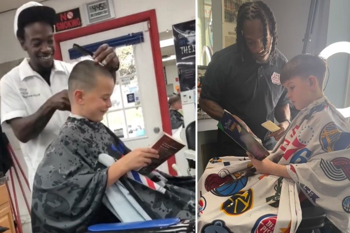 kids reading in a barbershop