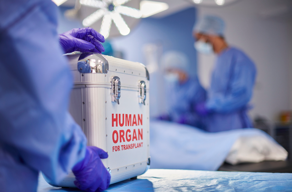Surgeons with a box that says "Human Organ for Transplant"