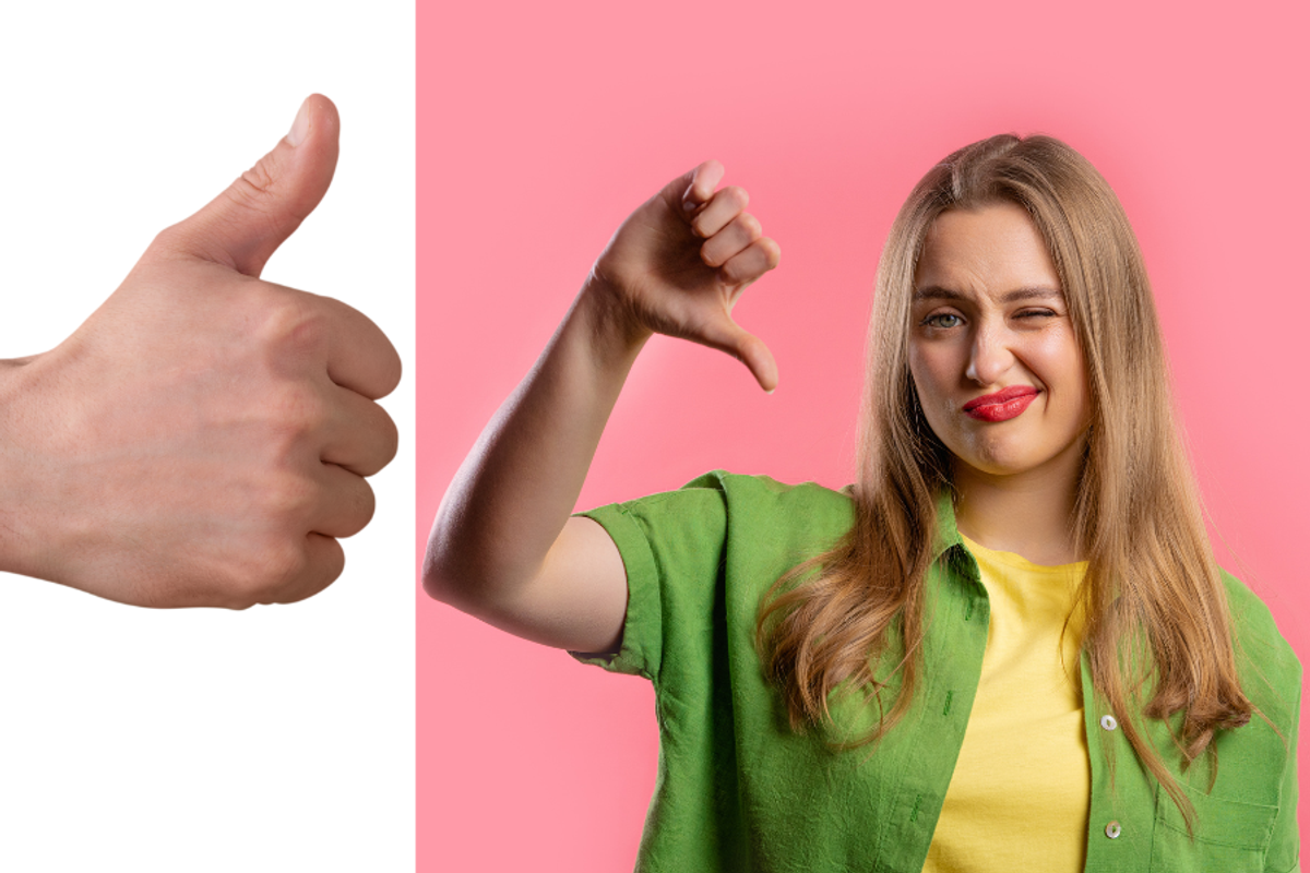 A thumbs up and a woman giving a thumbs down