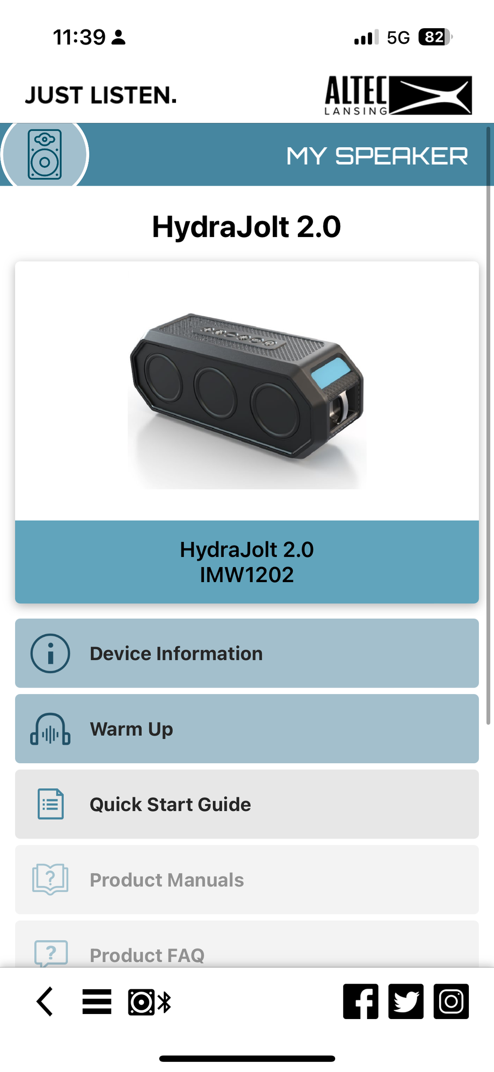 a screenshot of Altec Lansing HydraJolt 2.0 EVERYTHINGPROOF Wireless Speaker homescreen in Altec Lansing app