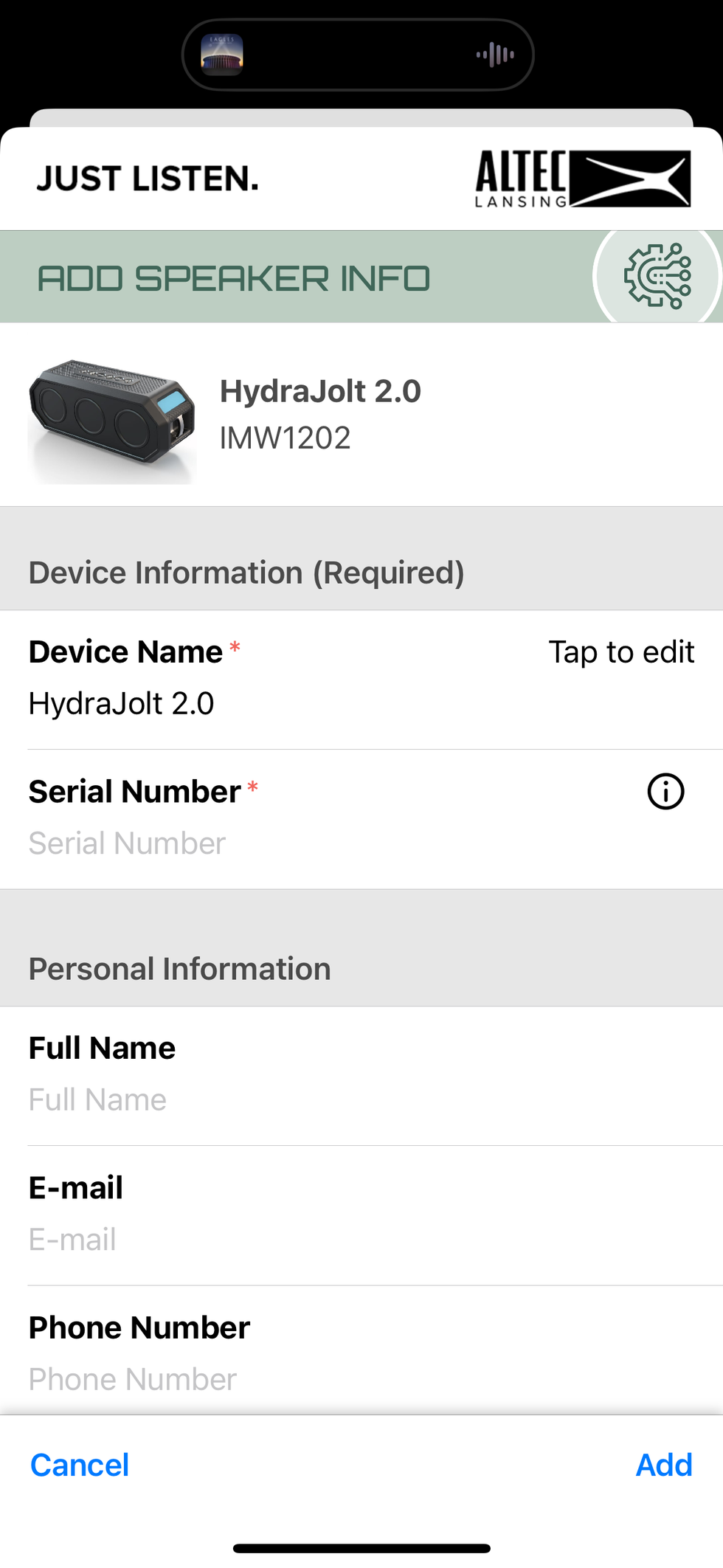 screenshot of Altec Lansing app to register your speaker