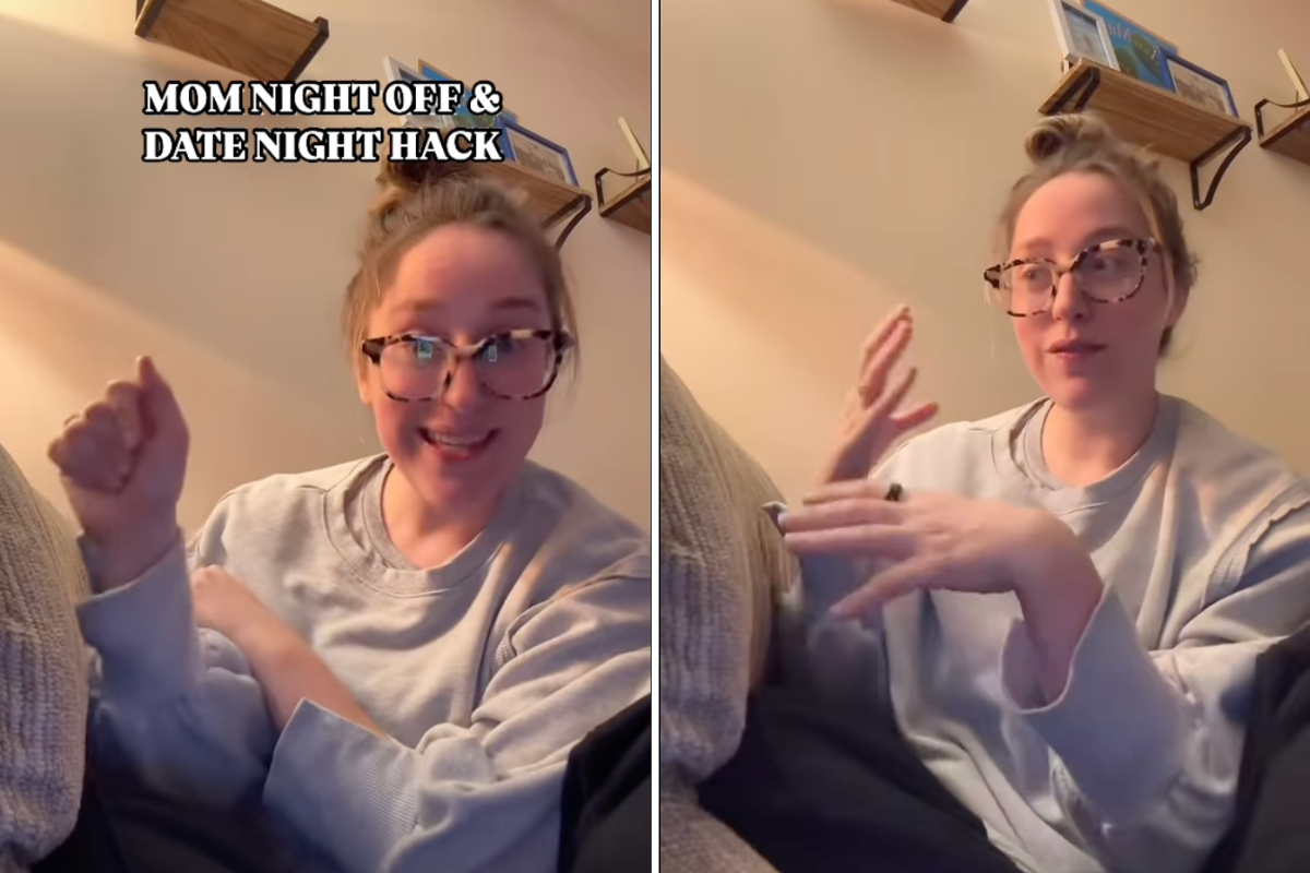 woman with hair in bun and gray sweatshirt speaking to camera under heading, "Mom Night Off & Date Night Hack"
