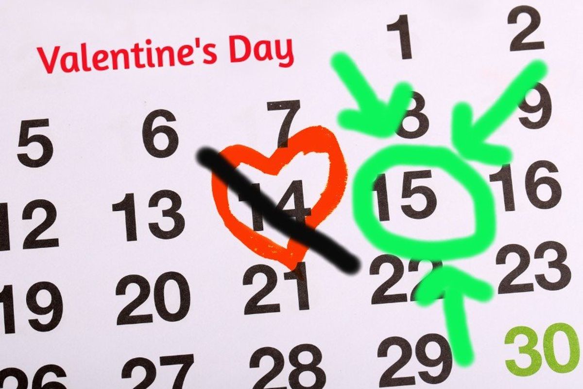 Calendar with Valentine's Day crossed out and February 15th circled.