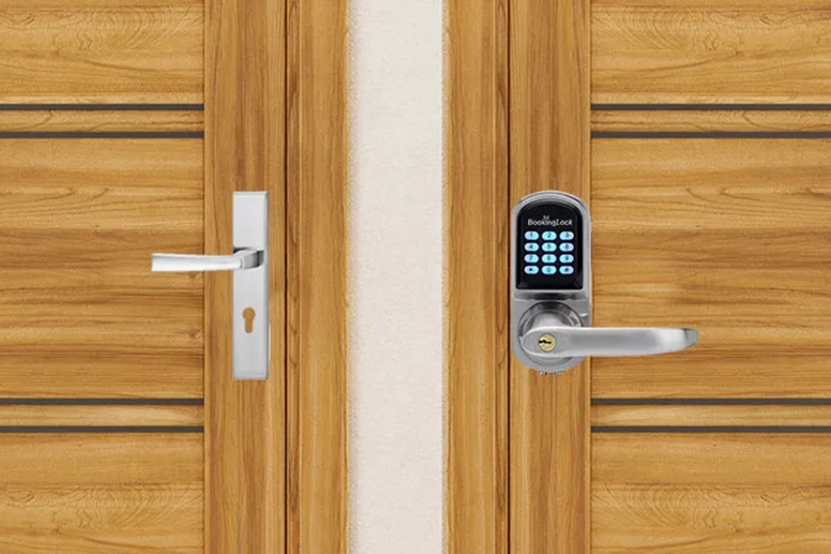 a photo of a Smart Lock and a Traditional Lock on doors.