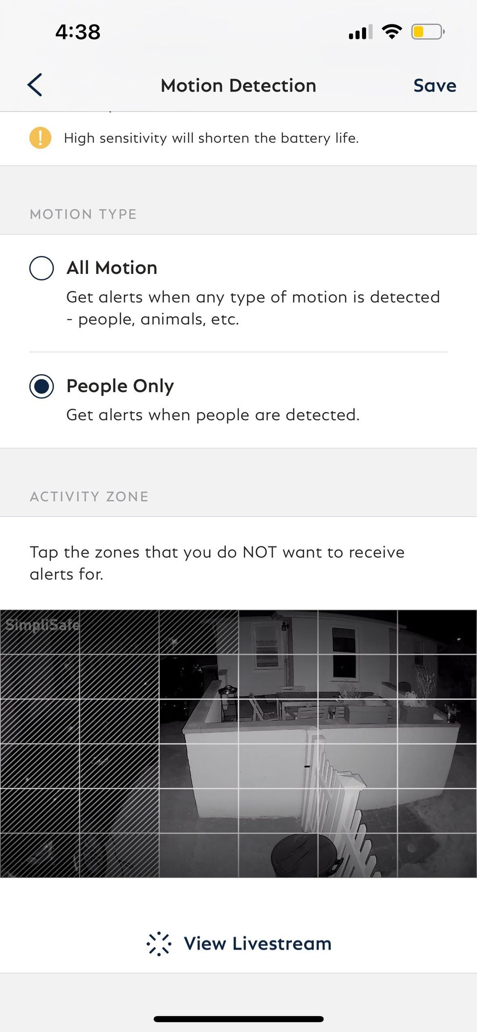 Motion detection settings in SimpliSafe app