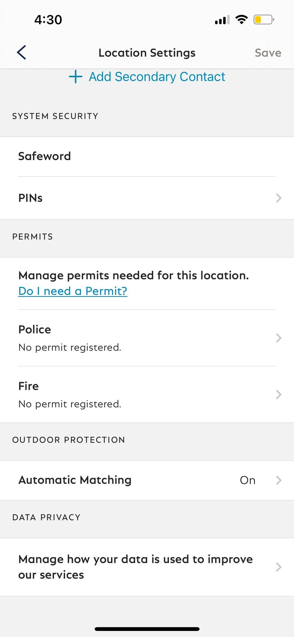 SimpliSafe app showing settings for location settings.