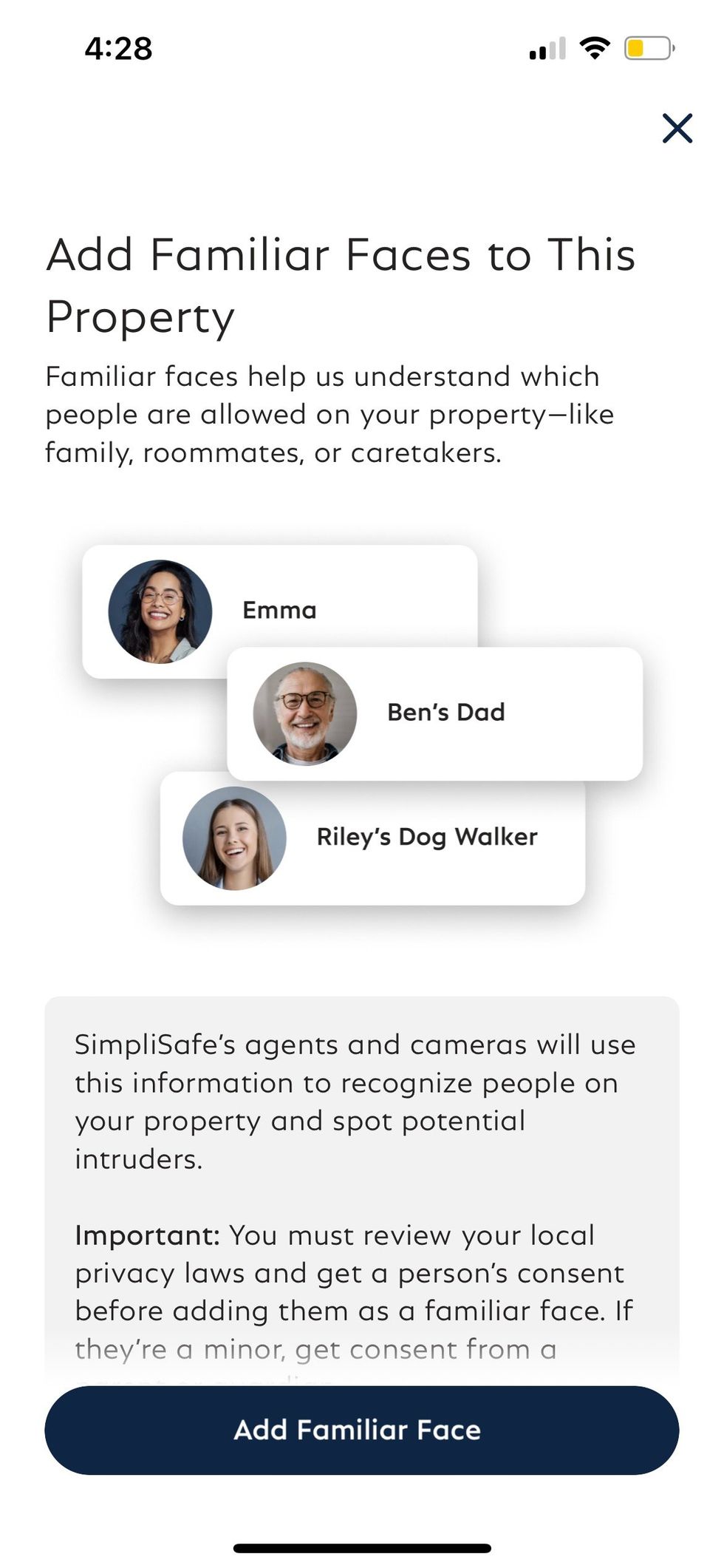 SimpliSafe app screen for add familiar face