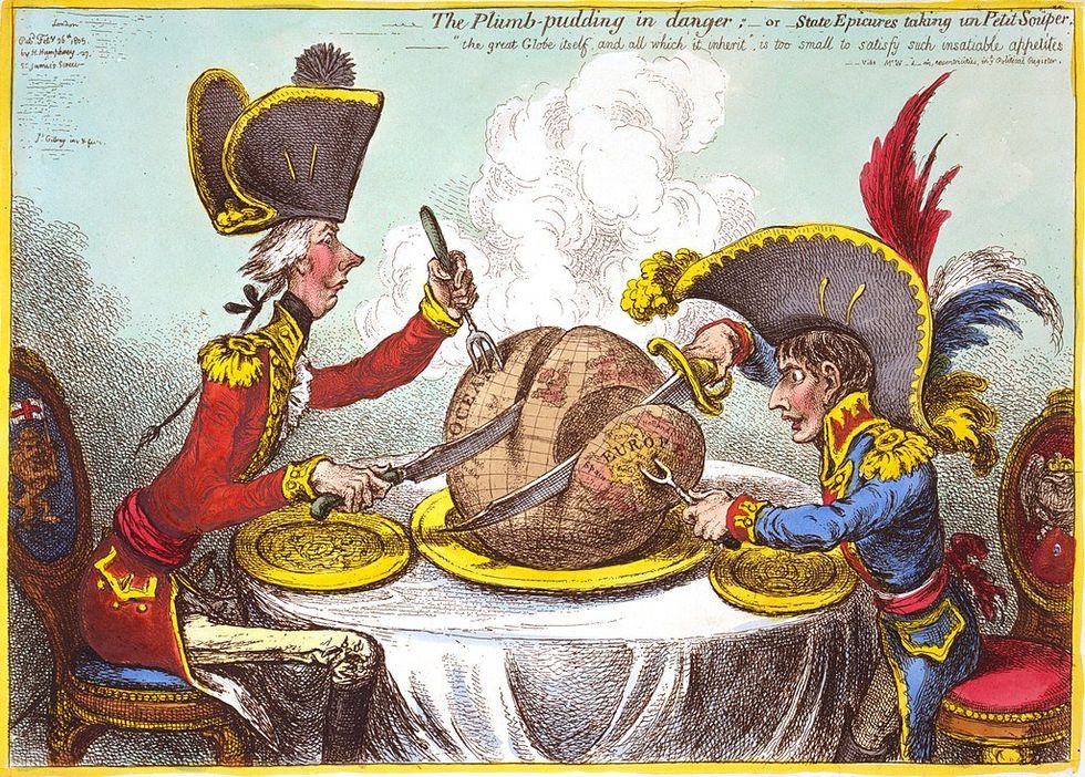 political cartoon of two men cutting up the earth