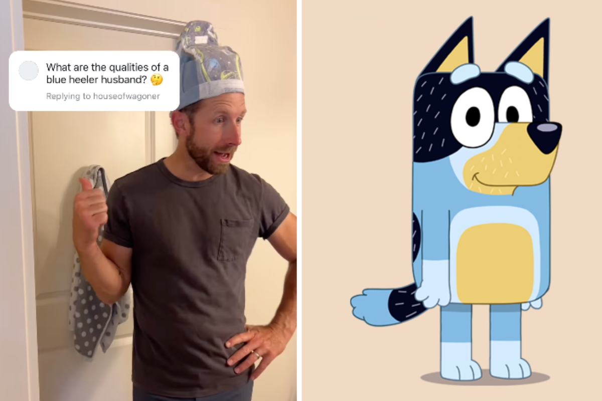 man in dark shirt and mesh hat stands by closed door beneath comment; Bandit Heeler from Bluey