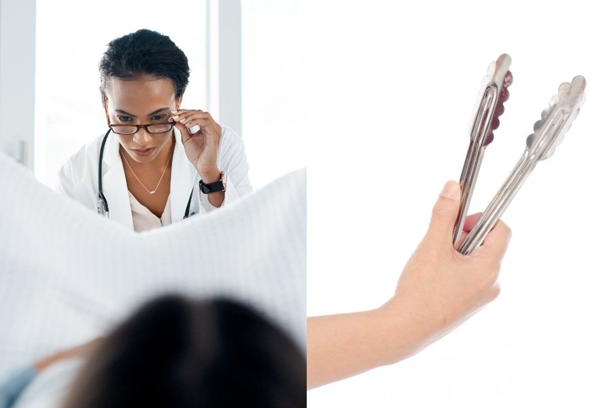 doctor doing a pelvic exam, person holding tongs