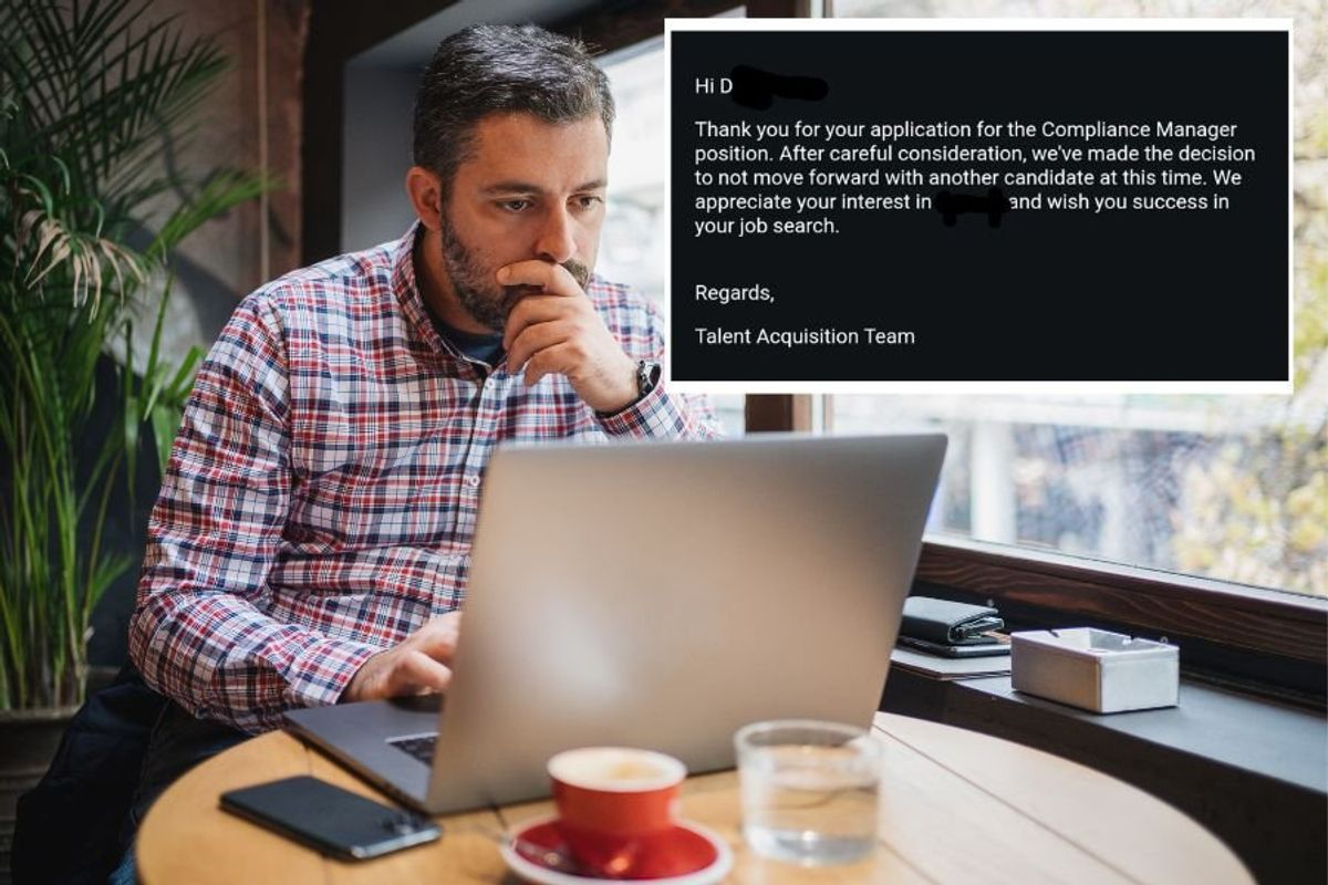 man on a computer at a coffee shop with an email message in the top right corner