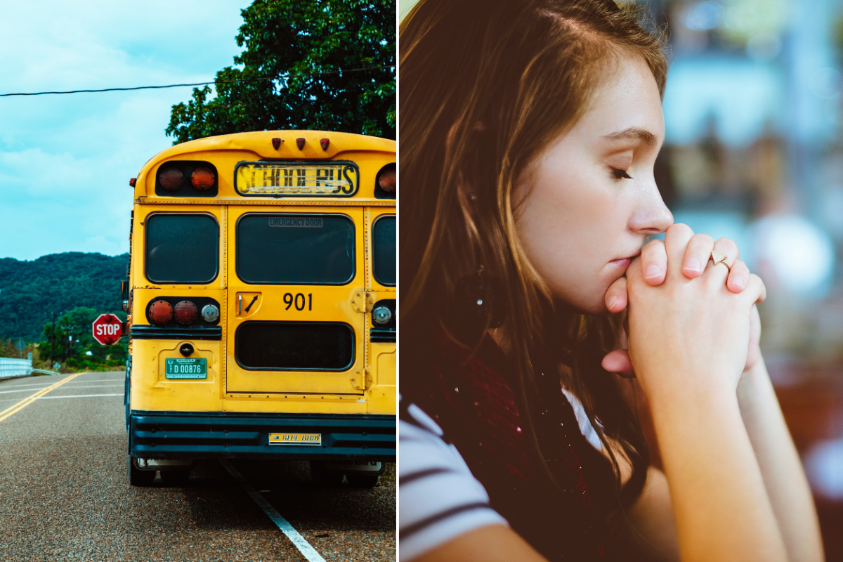 school bus on the road; a young woman praying