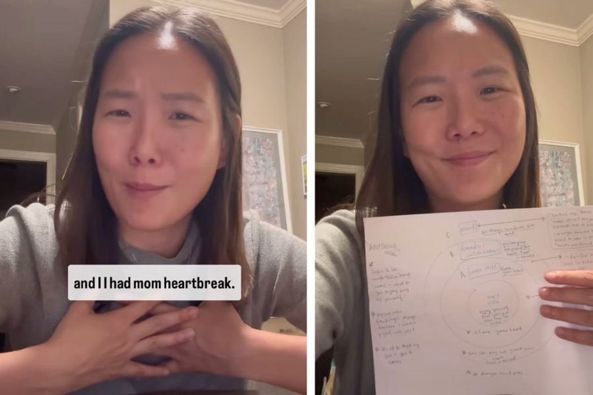 screenshots of woman talking to camera behind text that reads, "And I had mom heartbreak."