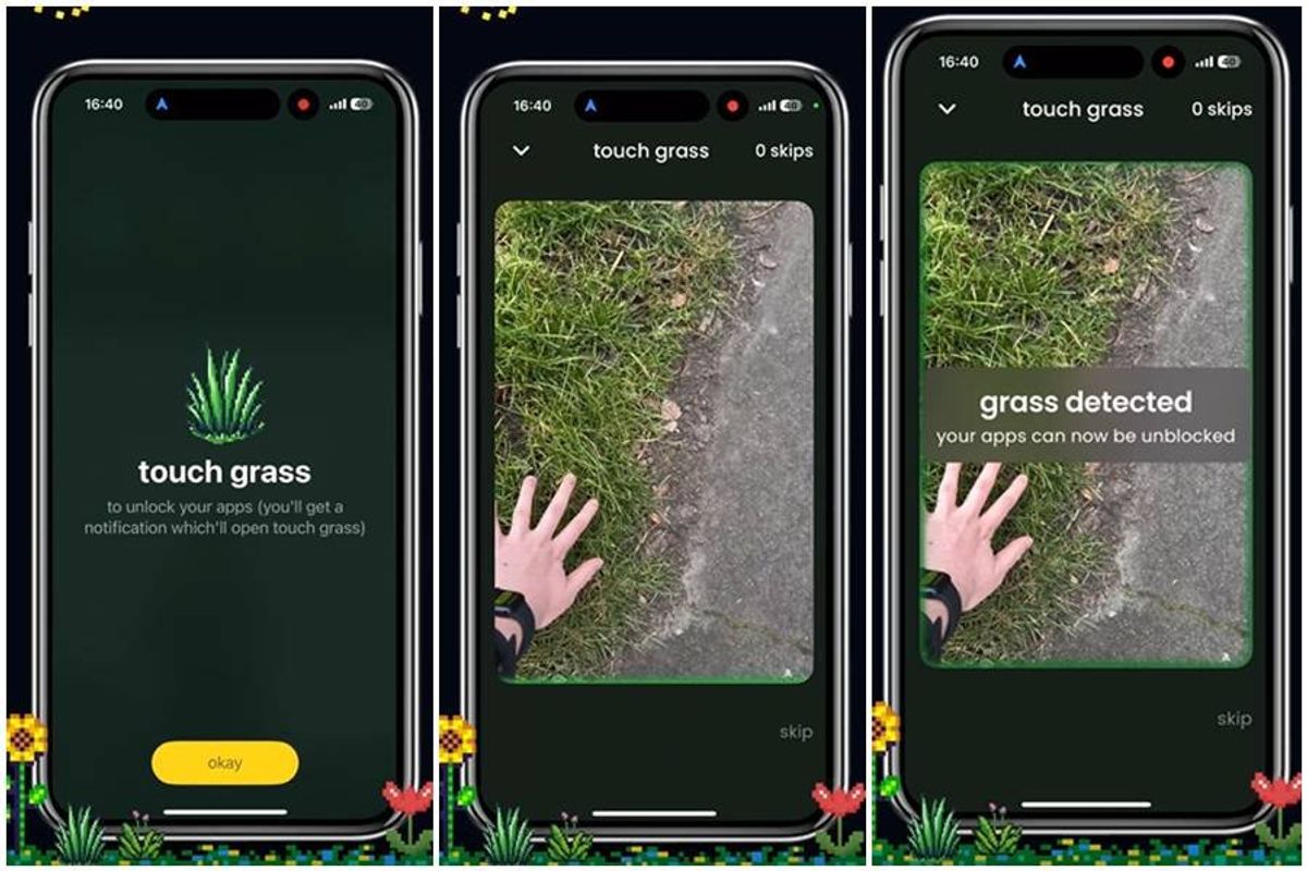 demo of an phone app showing someone touching grass