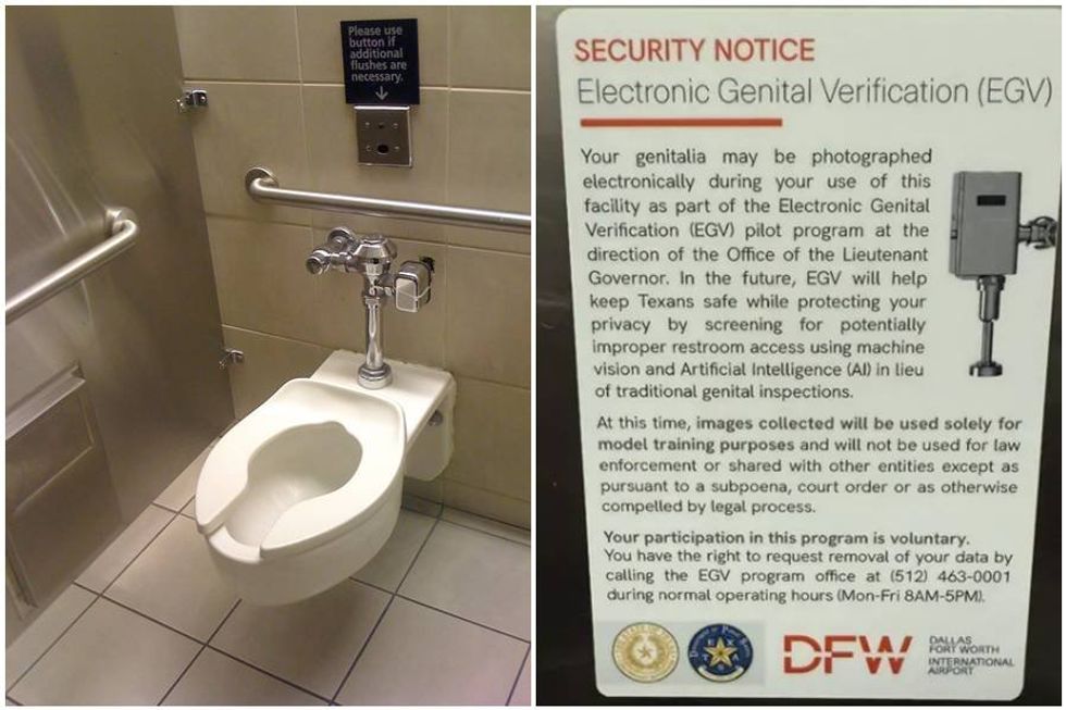 ‘Genital verification’? Funny troll mocks anti-trans bathroom laws with Dallas airport signs.