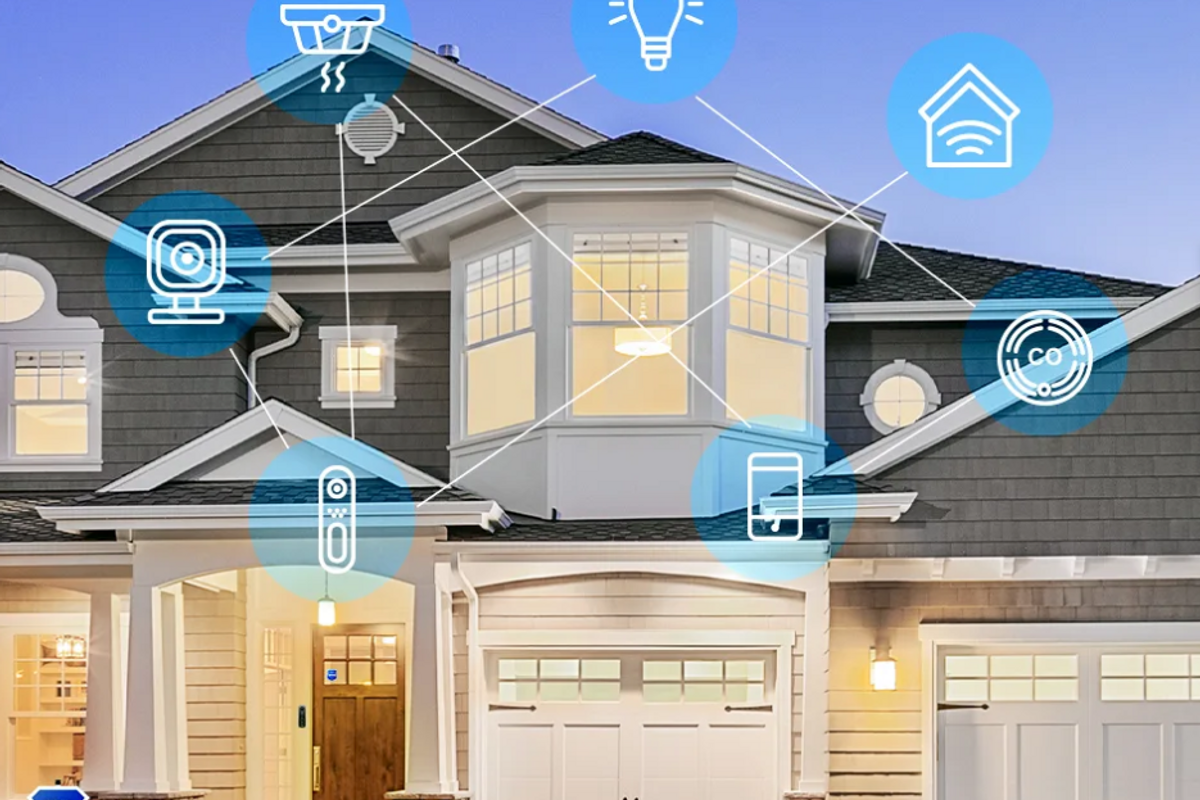 a photo of a home with Brinks Home Security with overlays showing smart home devices on the home.