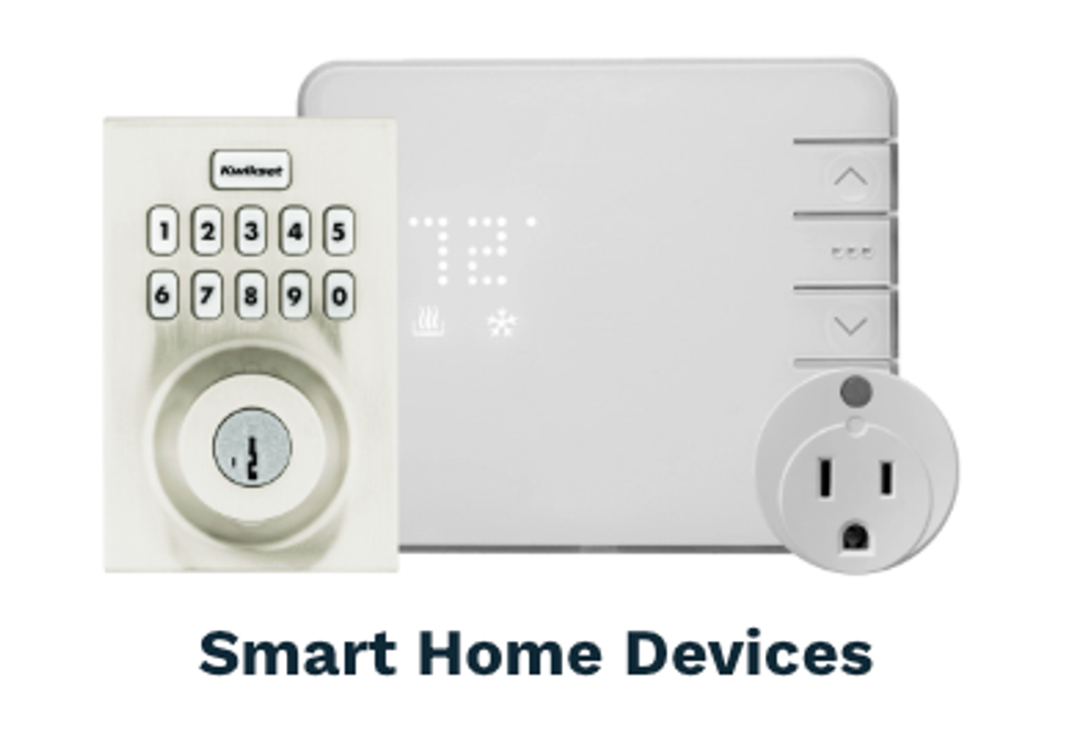 a photo of a smart lock, smart plug, and smart thermostat that work with Brinks Home Security