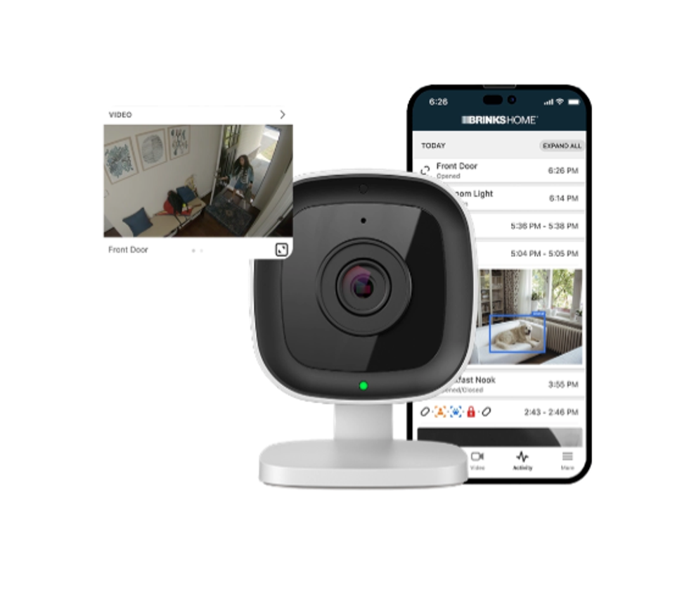 a product shot of Brinks Home Security Camera and mobile app