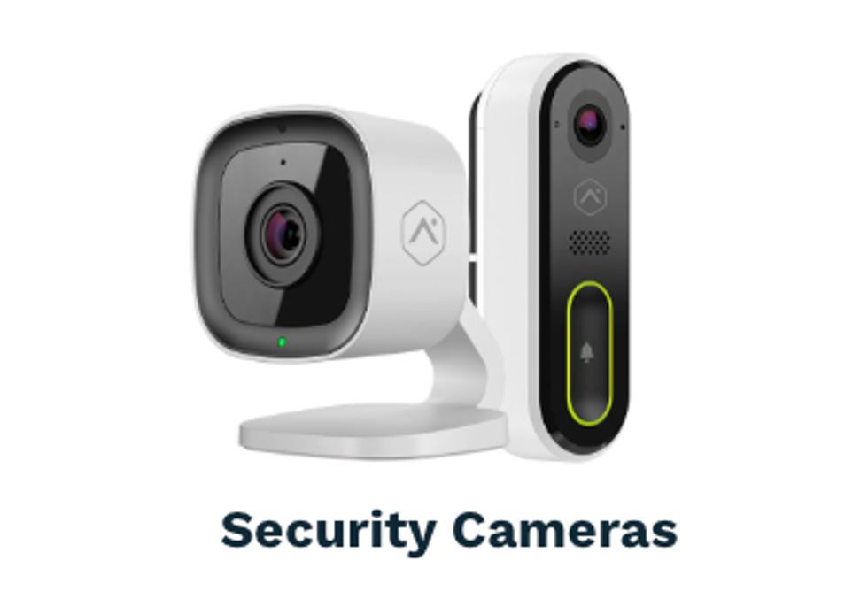 a porduct shot of a smart indoor camera and video doorbell that work with Brinks. Home Security