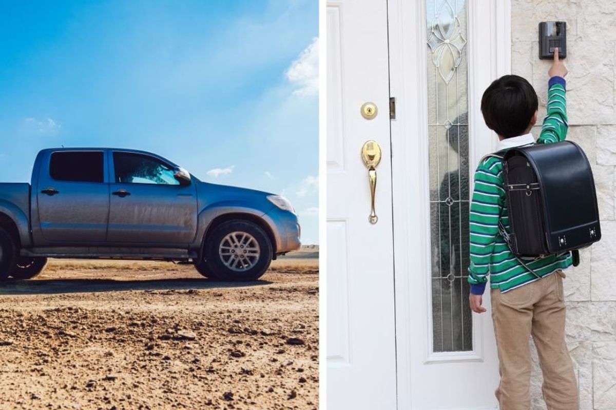 a truck in the desert; a young boy ringing a doorbell