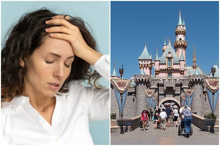 woman looking stressed; Sleeping Beauty's Castle at Disneyland