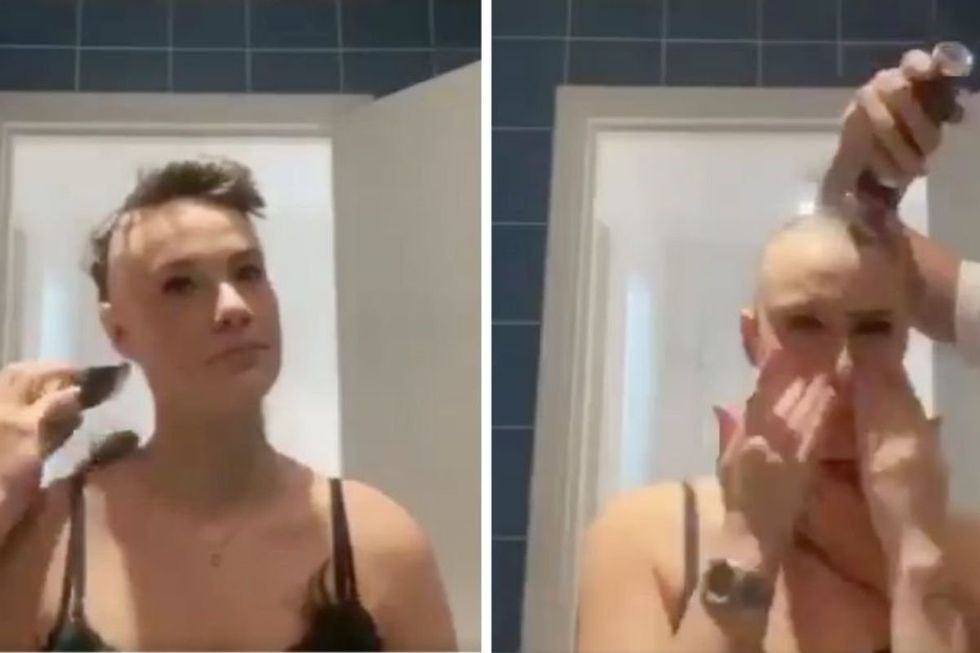 Man offers to shave his girlfriend with alopecia. 42 seconds in, he turns the razor on himself.
