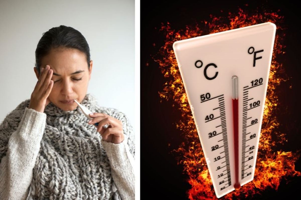 a woman looking sick with a thermometer in her mouth; a thermometer surrounded by fire.