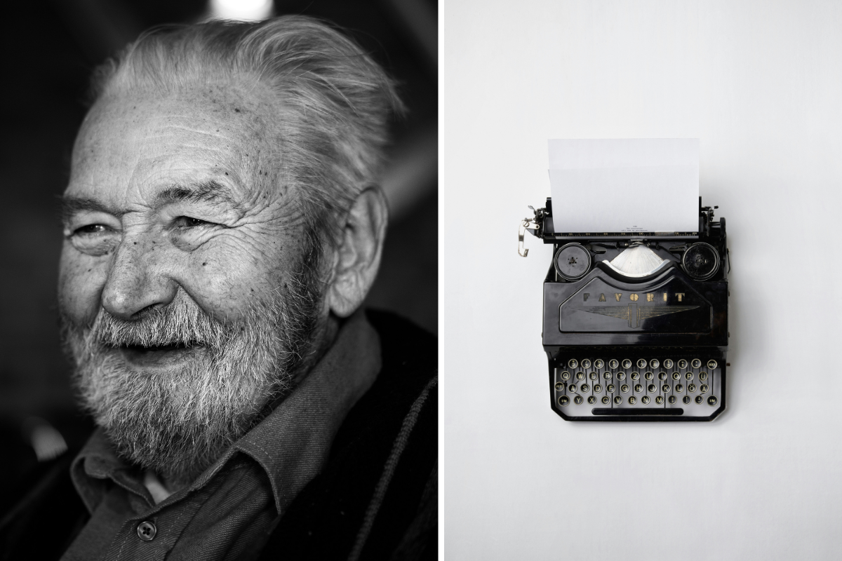 elderly man; black typewriter against white background