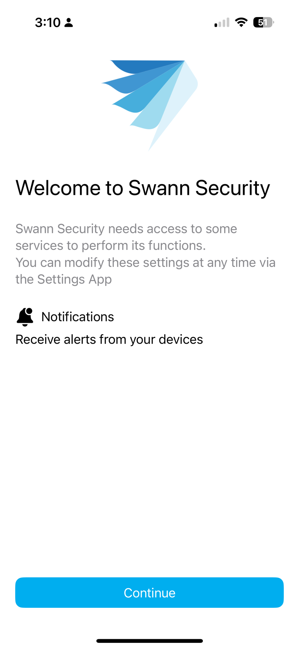 screenshot of Swann app homescreen