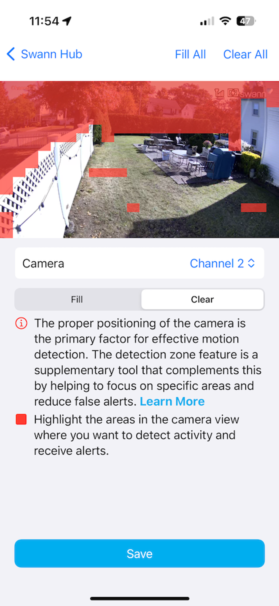 a screenshot of Swann Security app showing motion detection setup