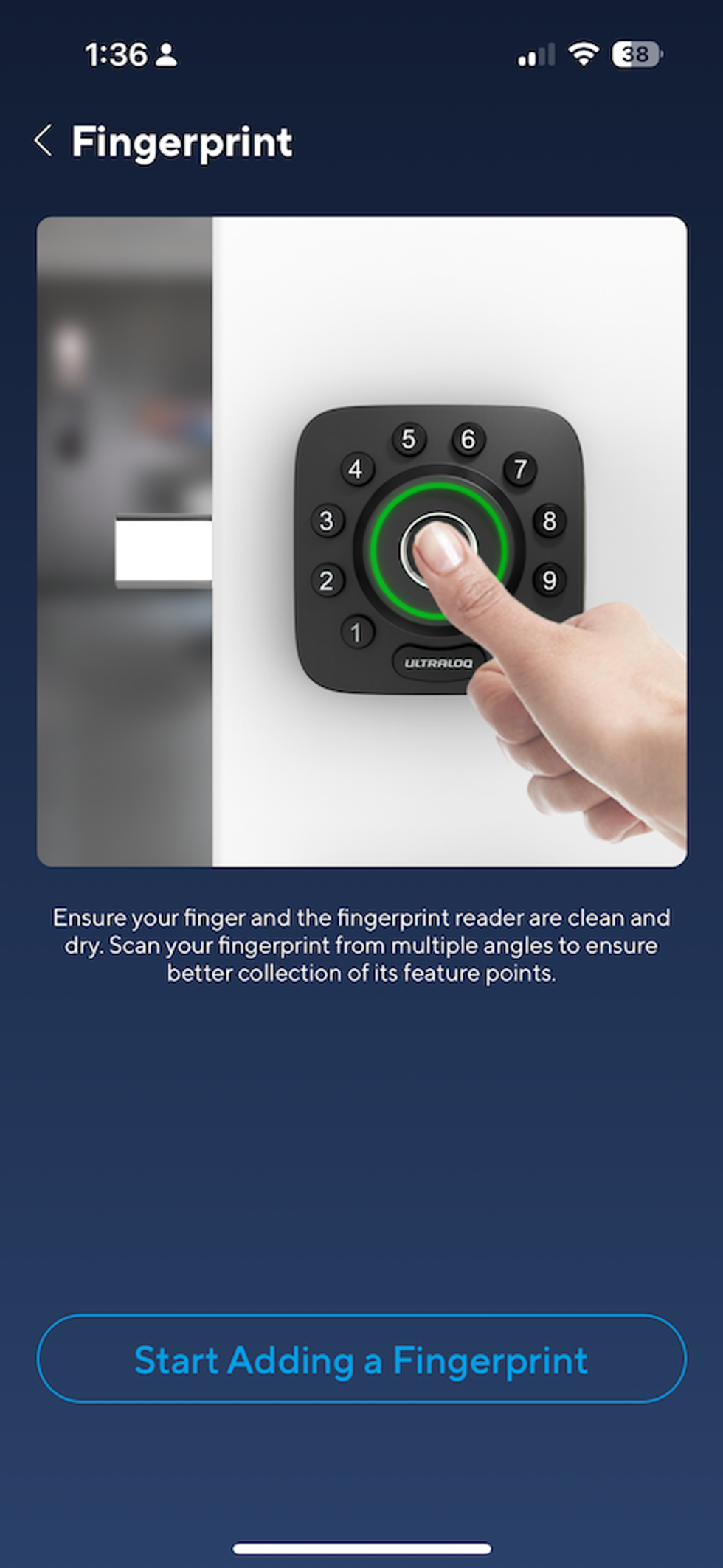 screenshot of U-Home app showing fingerprint setup for U-Tec Ultraloq U-Bolt Pro Wi-Fi Smart Deadbolt Lock