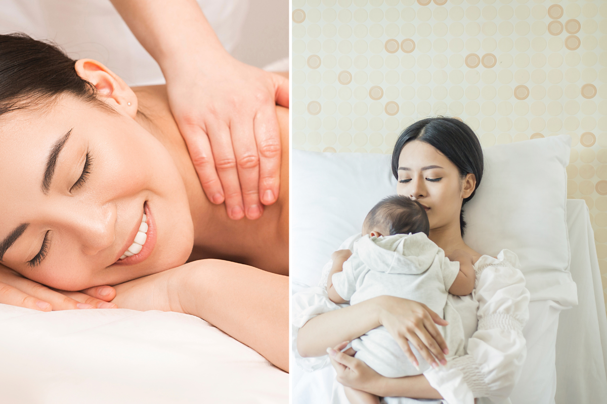 woman getting a massage; woman holding her baby