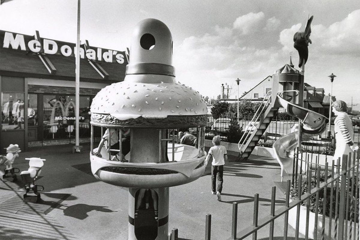 black and white photo of McDonald's playground