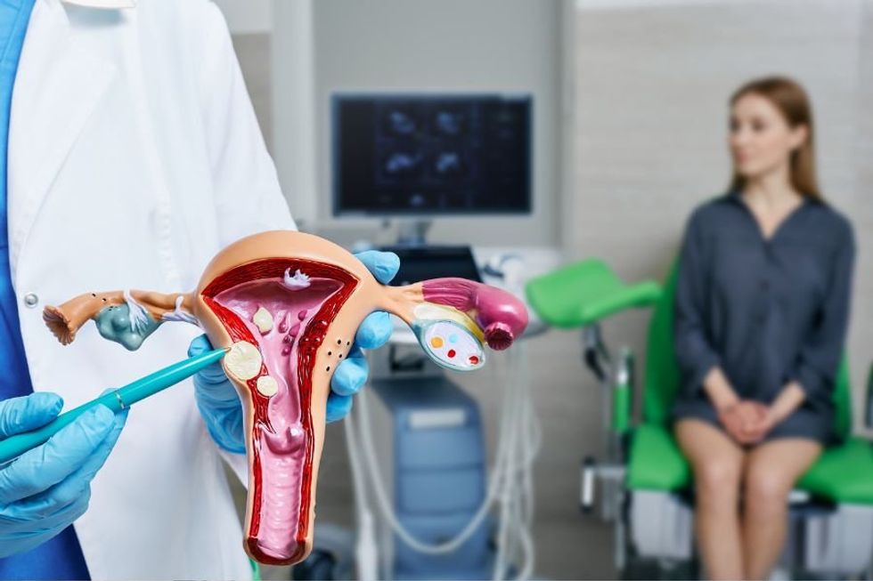 doctor presenting a model of a uterus while a woman sits on a medical chair in the background