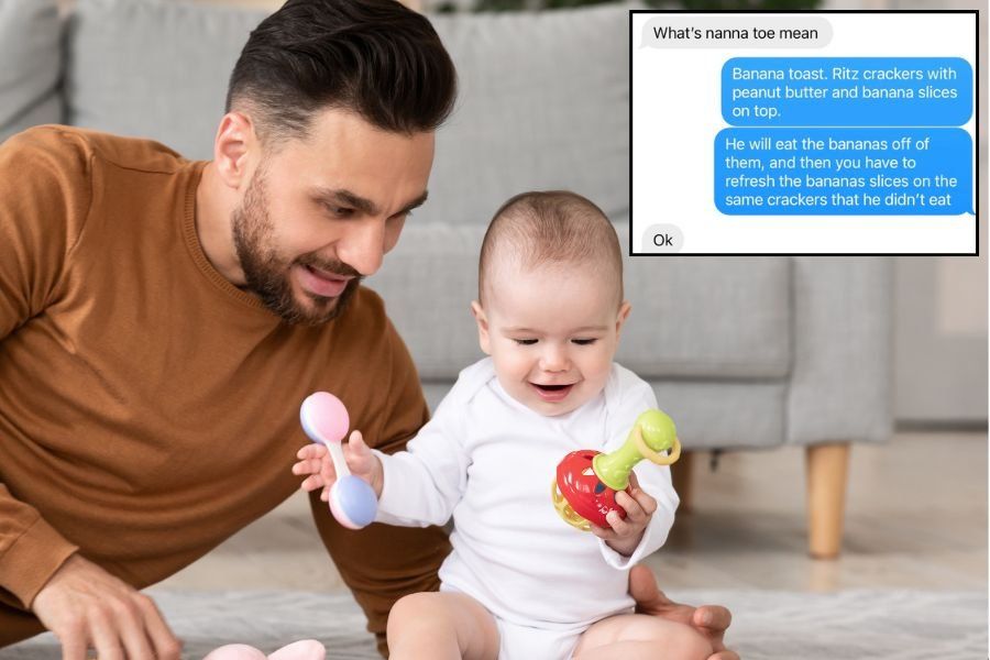 father and baby boy playing with toys