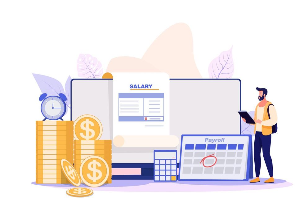 Businessman filling salary payroll system online in computer, office accounting administrative or calendar pay date, employee wages concept, businessman standing with online payroll computer. stock illustration