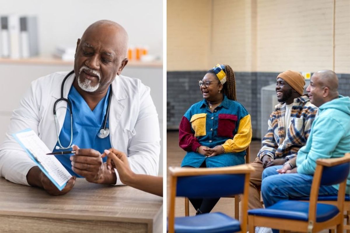 doctor; group of people sitting and talking.
