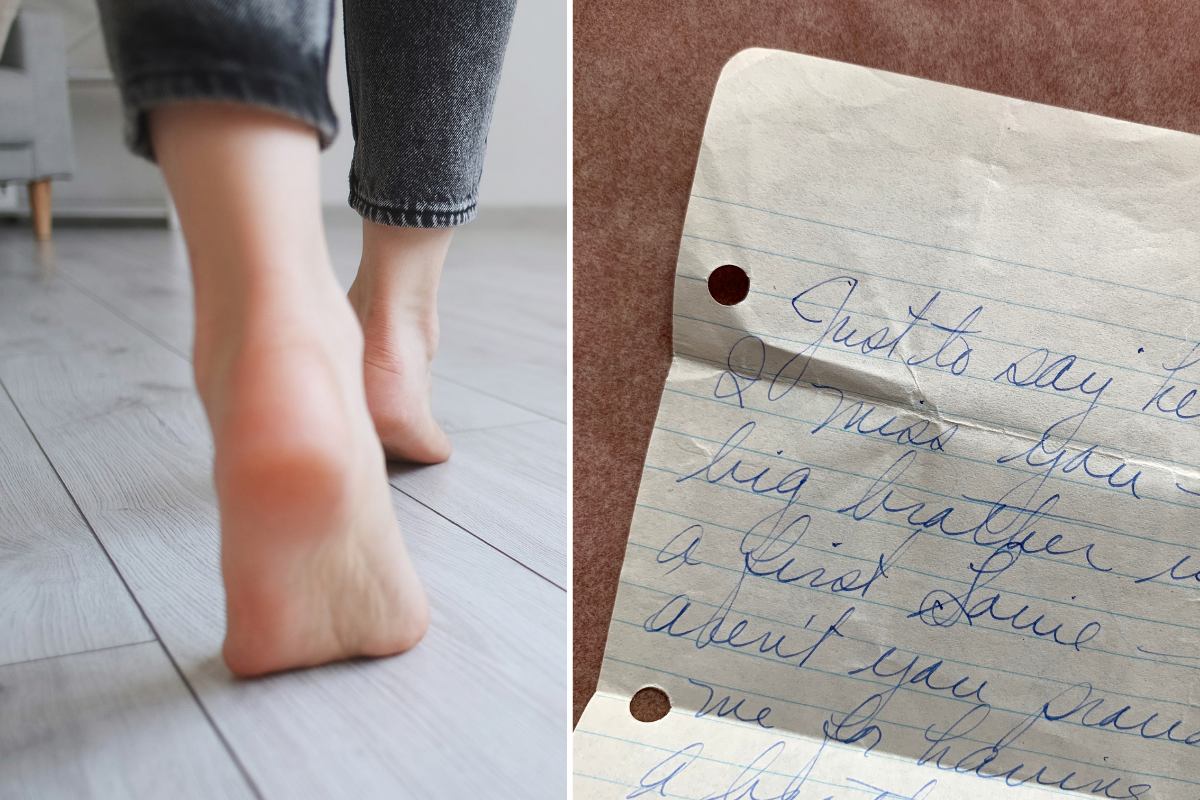pair of bare feet walking on the floor; a handwritten note