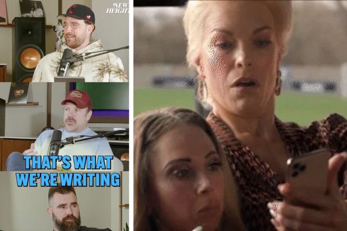 screenshot of Jason Sudeikis on a podcast; two women looking at a phone