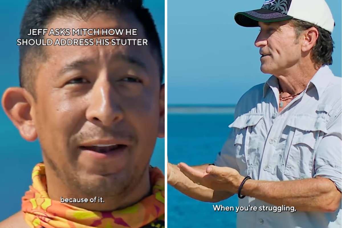 split image of two men talking
