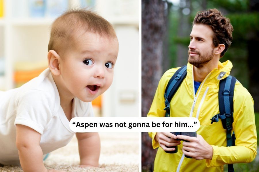 crawling baby; man in yellow raincoat on a hike