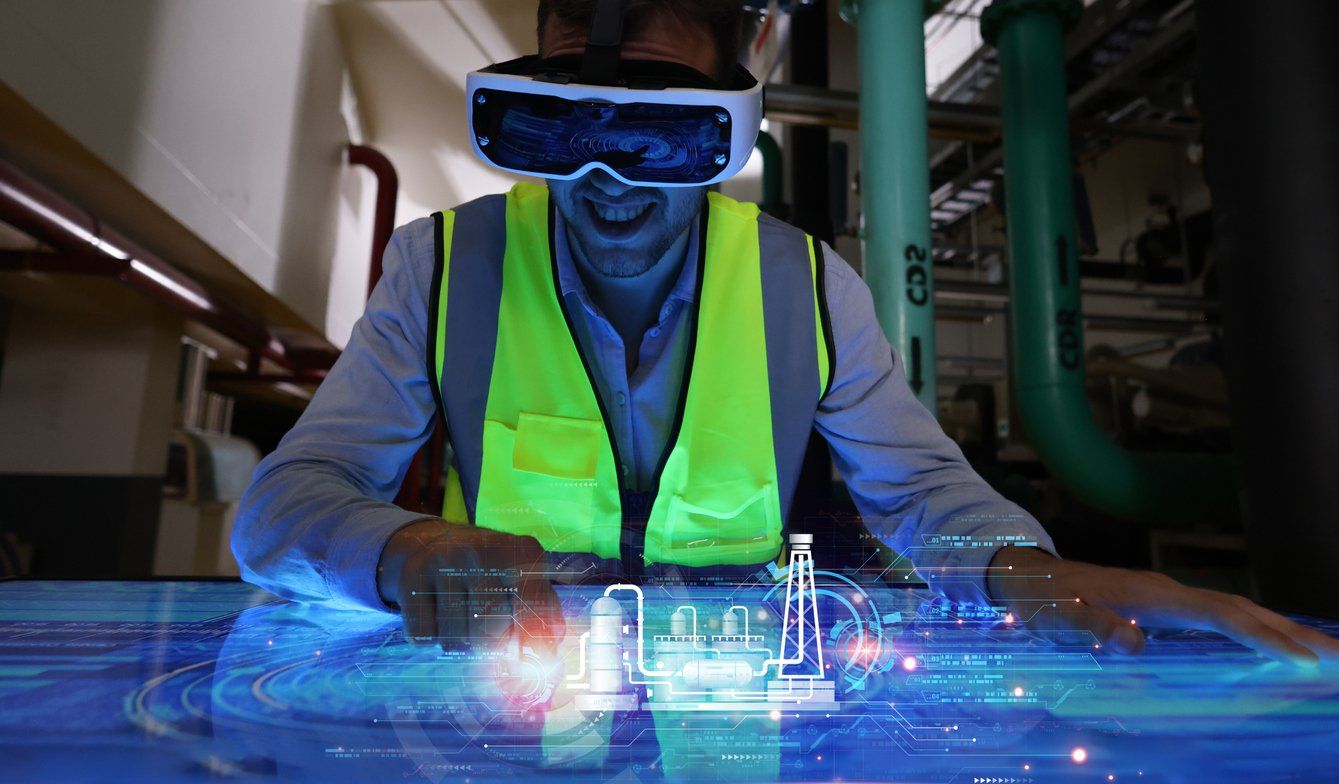 Engineer wearing VR gear to visualize projects in the manufacturing factory on the control panel board stock photo