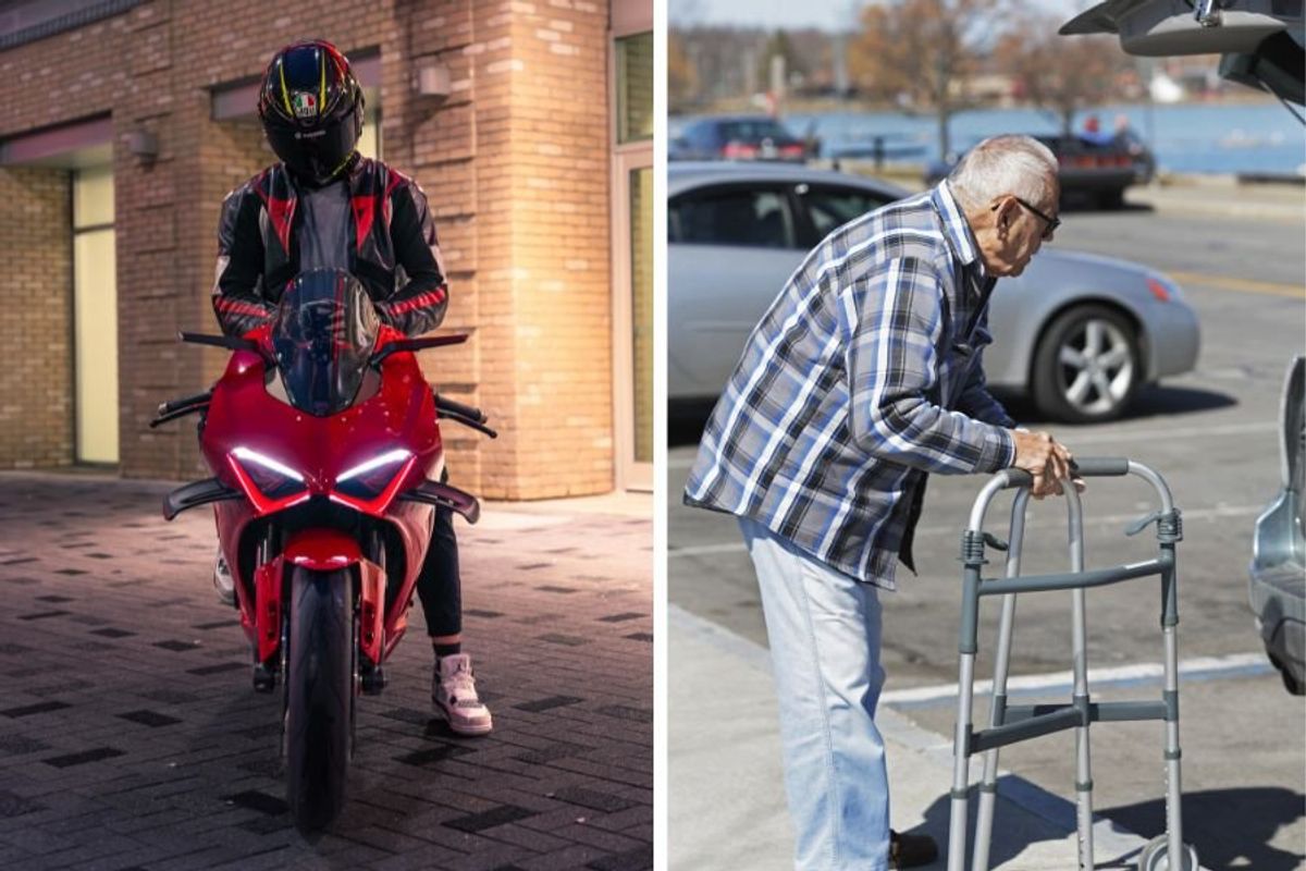 bikers; good bikers; motorcycles; faith in humanity; helping elderly; biker helps elderly man