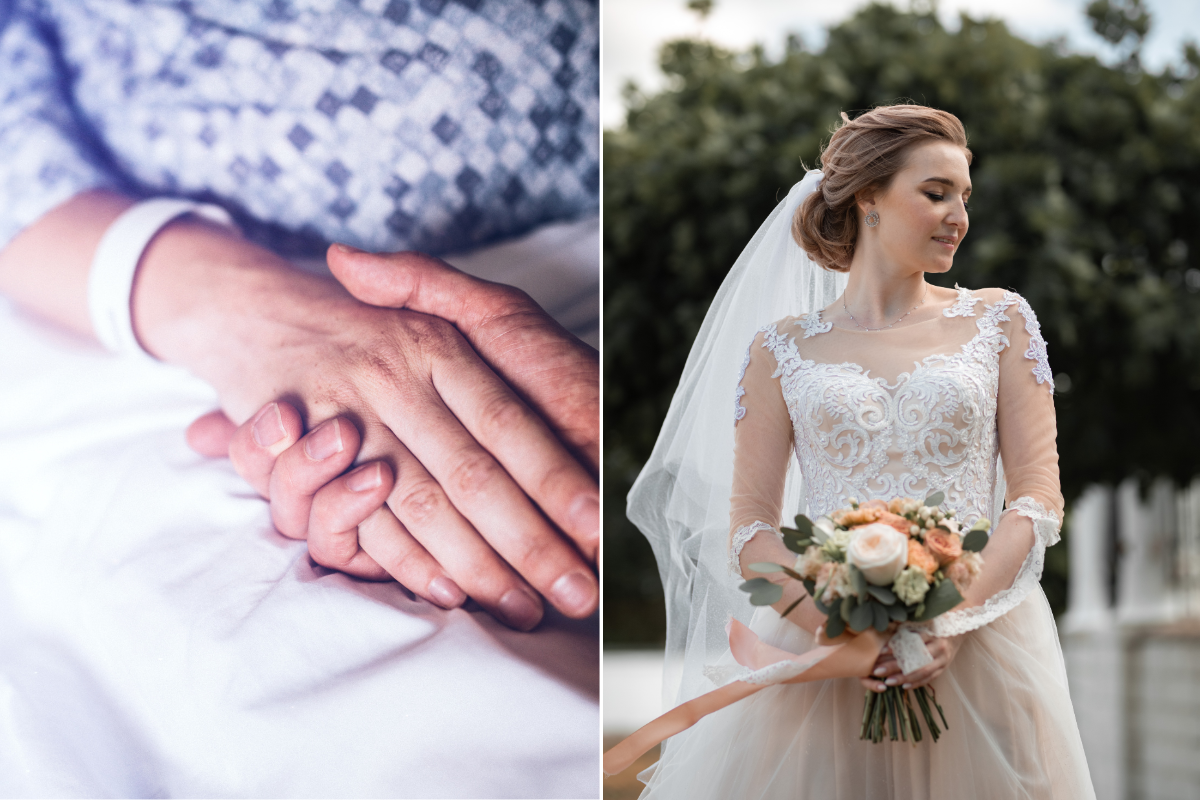 Holding hands in a hospital bed, bride walking down the aisle at wedding