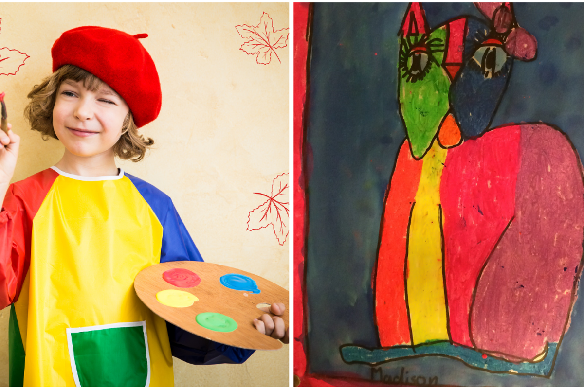Child wearing apron and holding paint Swatch, hand-drawn photo of cat